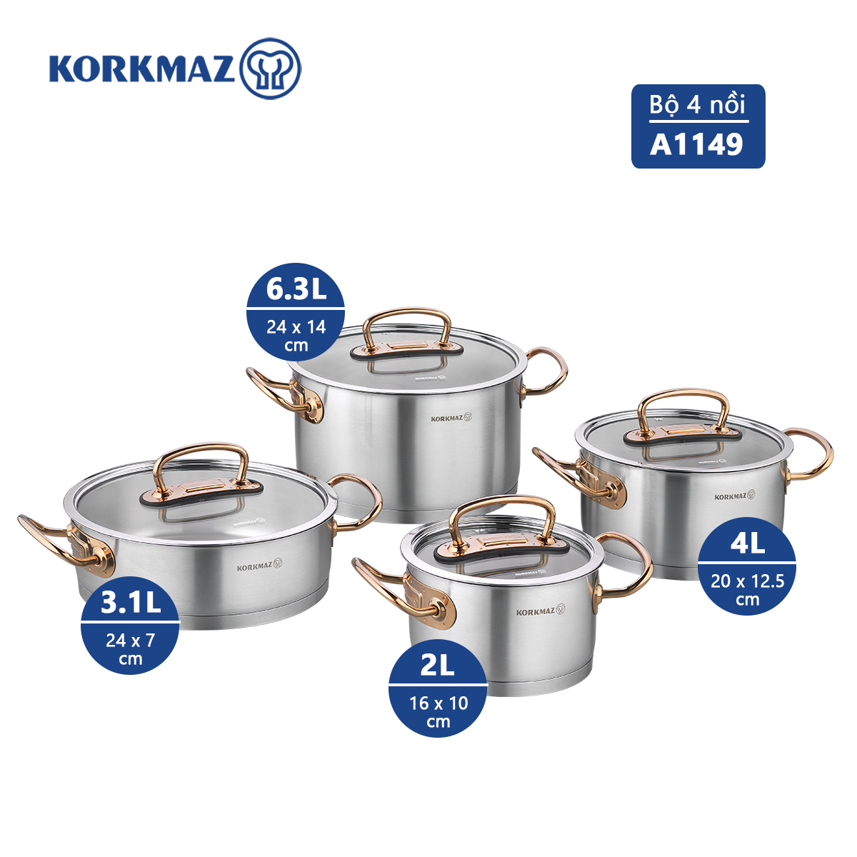 Bộ 4 nồi inox cao cấp Korkmaz Proline tay nắm màu hồng - A1149 